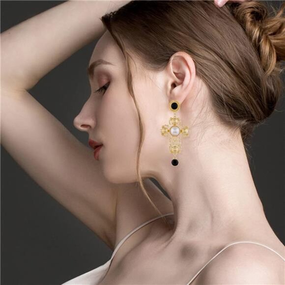 Large Zircon Cross Earrings | 2.6” Boho Punk Statement Dangles | Hypoallergenic - Picture 2 of 6